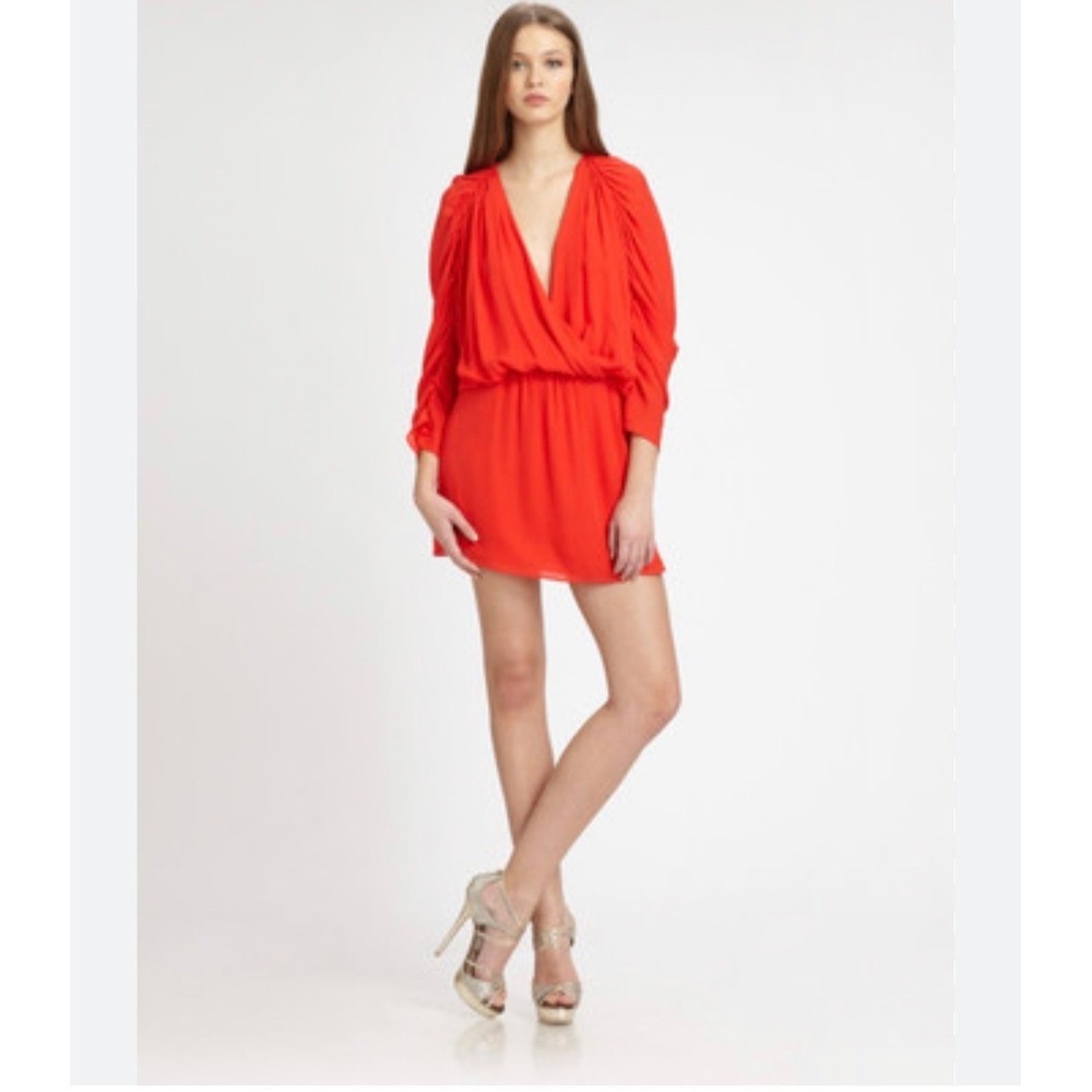 Parker Red 100% Silk V-Neck Mini Dress Long Sleeve Elastic Waist Small